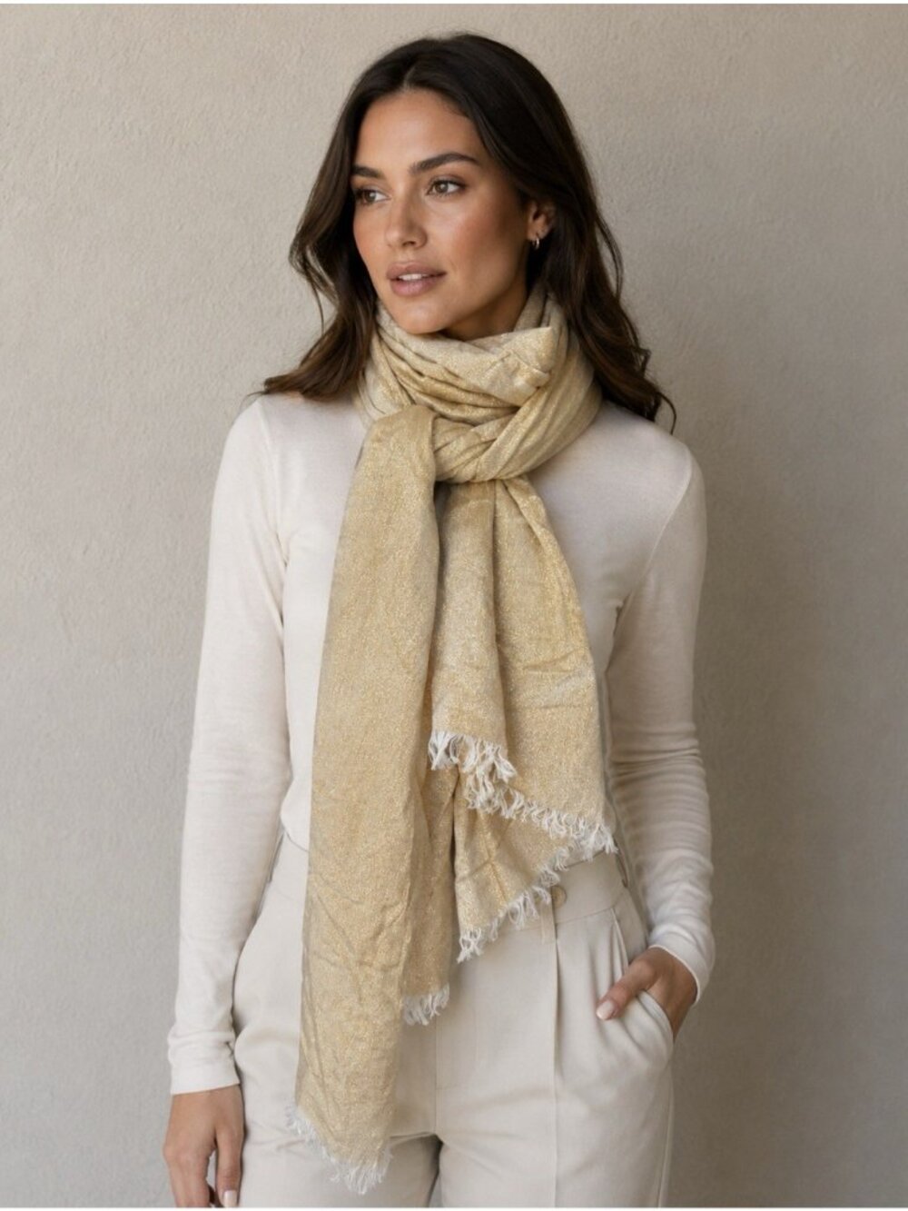 Nordstrom Metallic Gold Shimmer Oversized Scarf 29 x 73” Fringed Ends $79